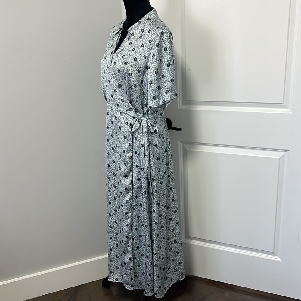 Vince Camuto Light Blue Leaf Print Elbow Length Sleeves Wrap Maxi Dress Large - Picture 7 of 10